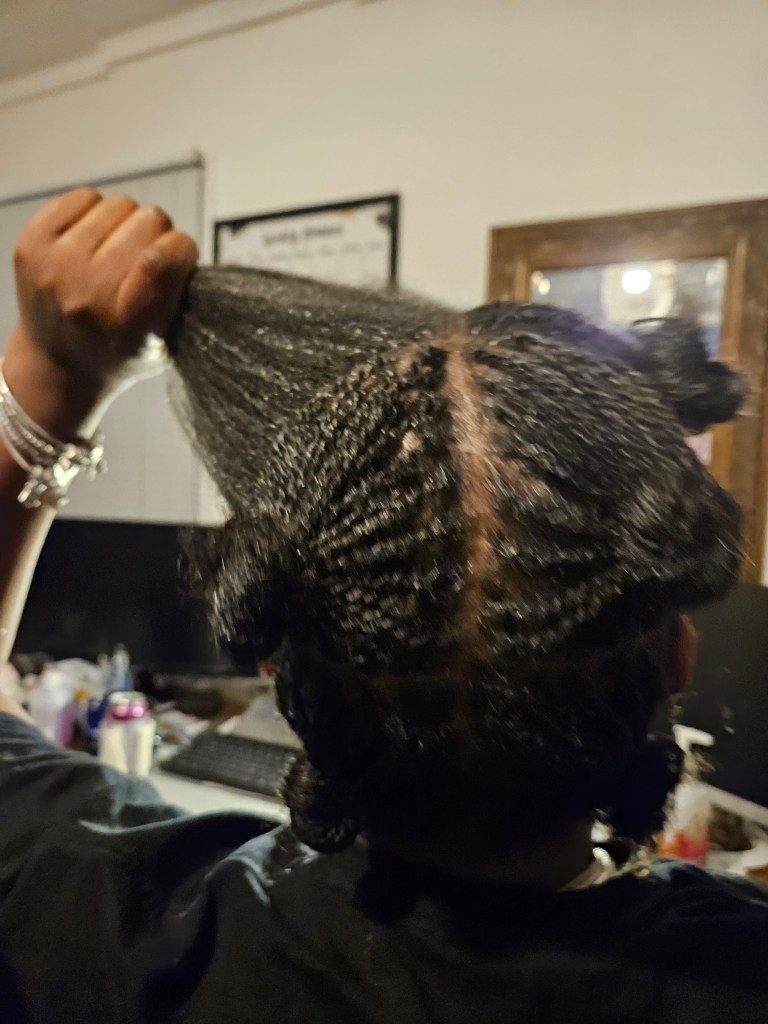 Me holding the final section of my hair after completing the other sections of microloc installation. 